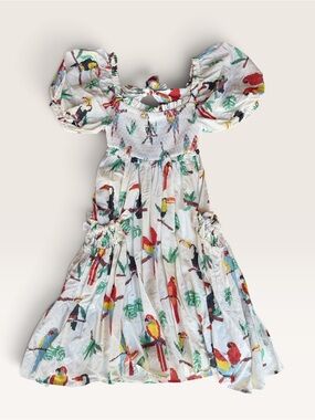FARM Rio White Parrot Print Puff Sleeve Dress